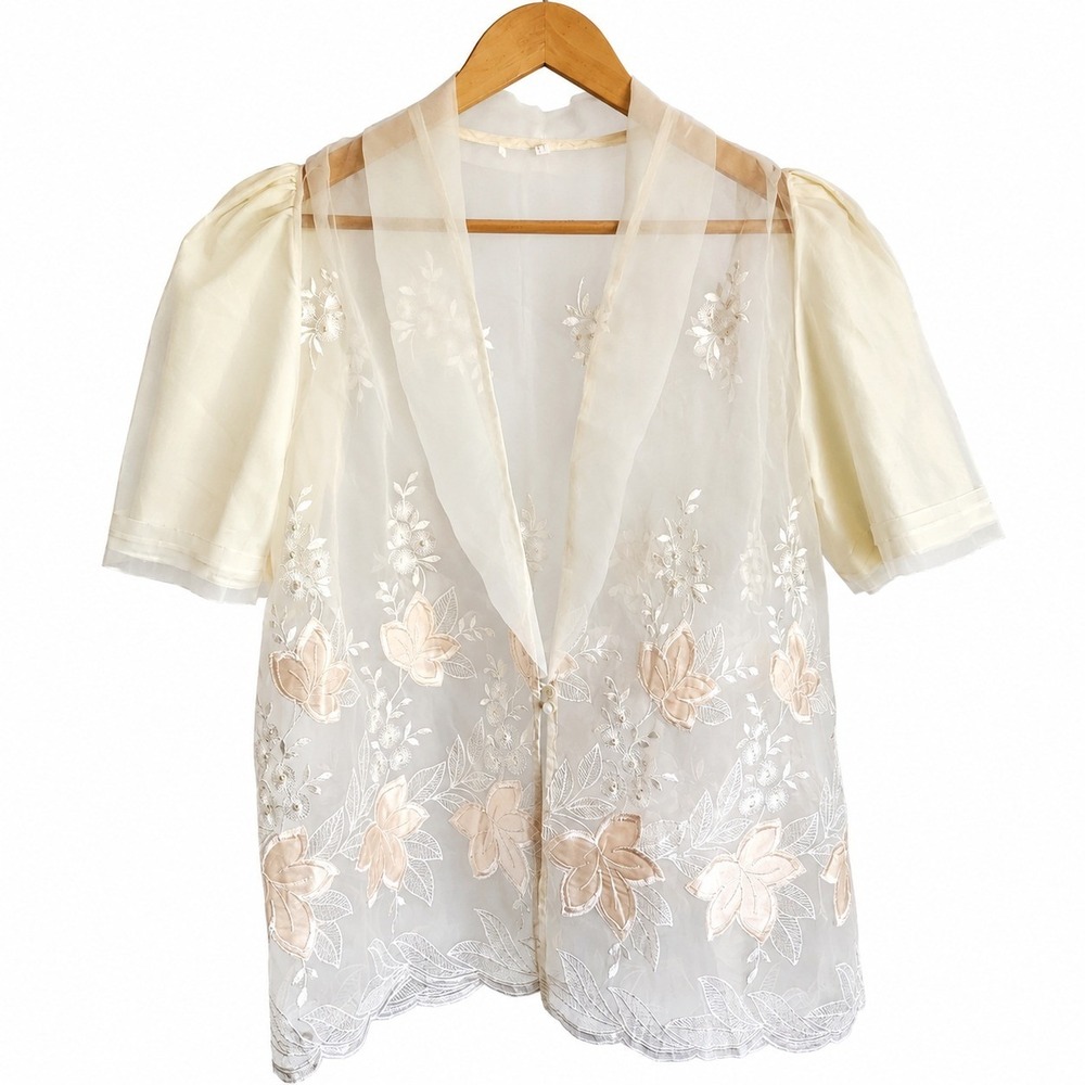 Vintage Sheer Floral Embroidered Blouse Ivory Puff Sleeve Mesh Overlay Women's M